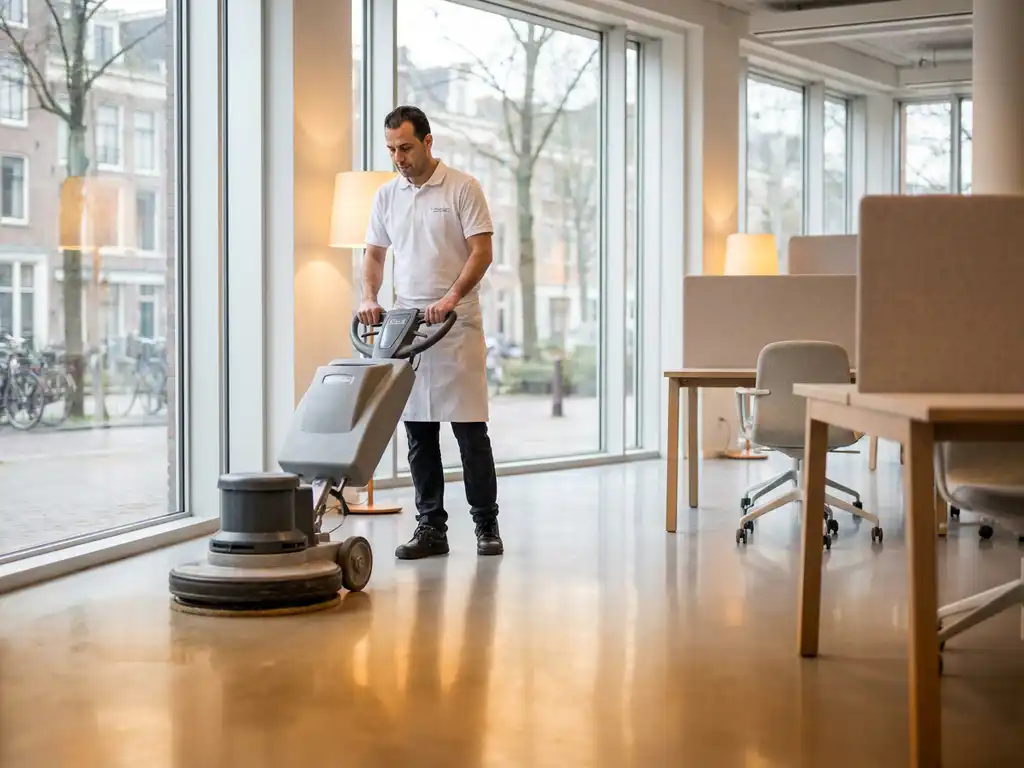 Professionele schoonmaker in wit uniform die een kantoorvloer polijst met een commerciële machine in een modern Nederlands kantoor.