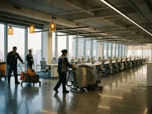 Professioneel schoonmaakteam met industriële apparatuur in een modern open kantoor met lege bureaurijen en glanzende vloeren.