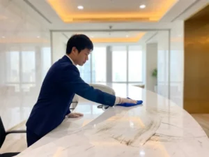Professionele schoonmaker in uniform die een glanzende receptiebalie polijst in een modern kantoor met warm licht.