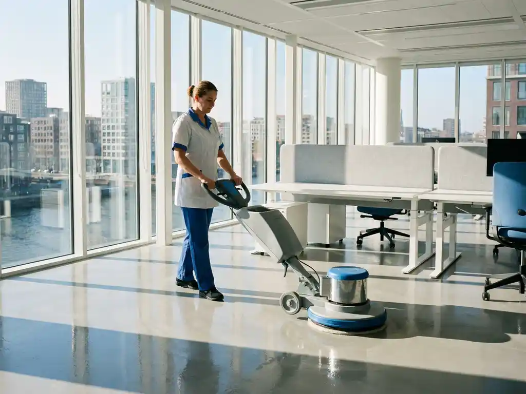 Professionele schoonmaker polijst kantoorvloer met industriële machine in modern open kantoor met uitzicht op skyline.