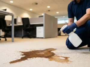 Professionele schoonmaaktechnicus behandelt grote koffievlek op beige kantegttapijt met sproeiflacon.