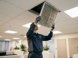 Technicus verwijdert stoffig luchtfilter uit plafondventilatie-unit in modern kantoor.