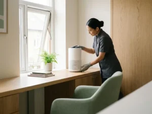 Professionele schoonmaker plaatst luchtreiniger op modern kantoorbureau naast groene plant en open raam met natuurlijk licht.