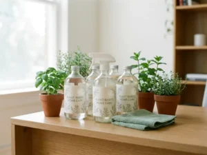 Milieuvriendelijke schoonmaakmiddelen met plantaardige etiketten op houten bureau, omringd door groene kruiden en microvezeldoek in natuurlijk daglicht.