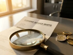 Schoonmaakofferte op kantoorbureau met vergrootglas op kleine lettertjes en een stapel euromunten ernaast.