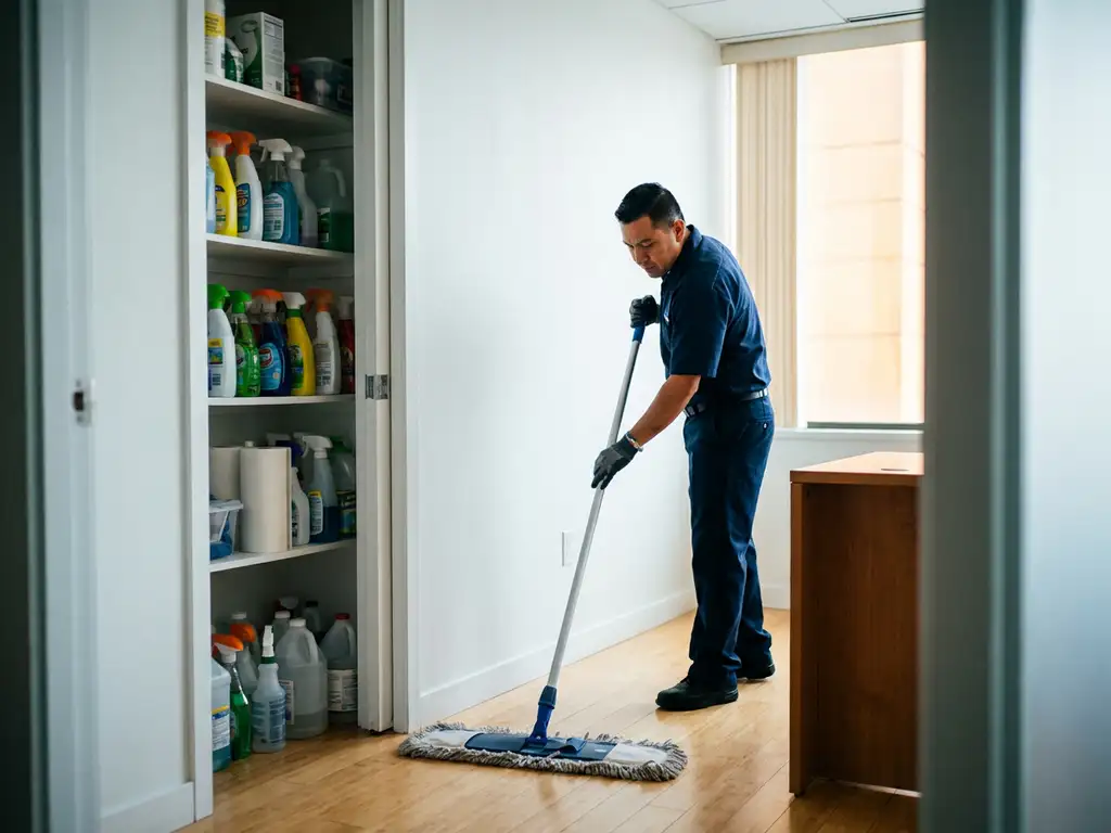 Professionele schoonmaker in uniform die kantoorvloer boent met commerciële mop, rommelige voorraadkast op achtergrond.