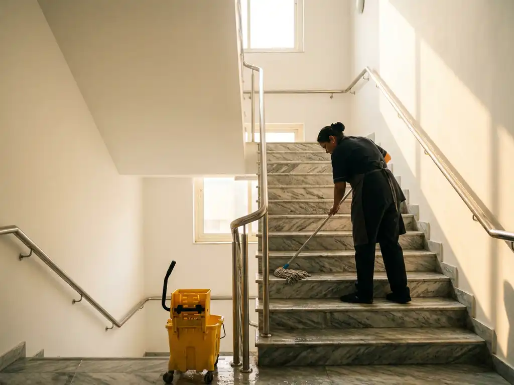 Professionele schoonmaker dweilt marmeren trappenhuis met gele dweilbak, glanzende treden en gepolijste metalen leuning in warm natuurlijk licht.