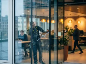 Glazenwasser reinigt een hoog kantoorvenster met een lange trekker, modern kantoorinterieur zichtbaar op de achtergrond.