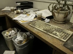 Stoffig, rommelig kantoorbureau met vuil toetsenbord, overvolle prullenbak en verwelkte plant onder koud tl-licht.