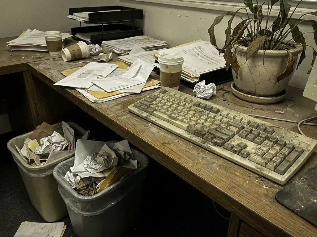 Stoffig, rommelig kantoorbureau met vuil toetsenbord, overvolle prullenbak en verwelkte plant onder koud tl-licht.