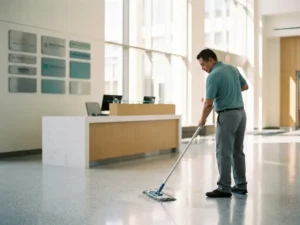 Schoonmaker mopt glanzende gang in groot multitenant kantoorgebouw met gedeelde receptie en bedrijfsnaambordjes op de achtergrond.
