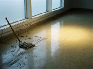 Verwaarloosd kantoorvloer met vuil en strepen naast een glanzend schoongemaakt linoleum gedeelte, gebroken mopsteel tegen de plint.