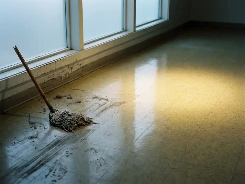 Verwaarloosd kantoorvloer met vuil en strepen naast een glanzend schoongemaakt linoleum gedeelte, gebroken mopsteel tegen de plint.