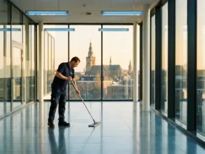 Schoonmaakmedewerker mopt glanzende vloer in modern kantoorgebouw in Nijmegen met historische skyline op de achtergrond.