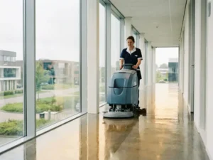 Schoonmaakmedewerker in uniform bedient een vloerschrobmachine in een glanzende kantoorgang van een Nederlands bedrijventerrein.
