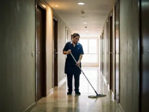 Professionele schoonmaker in uniform die een glanzende marmeren hal van een appartementengebouw dweilt, met identieke deuren op de achtergrond.