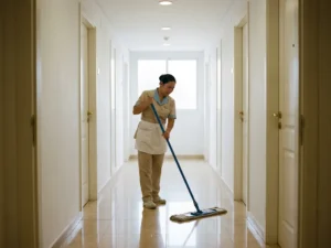 Professionele schoonmaker in uniform dweilt glanzende tegelvloer van een nette appartementsgang met rij gesloten deuren.