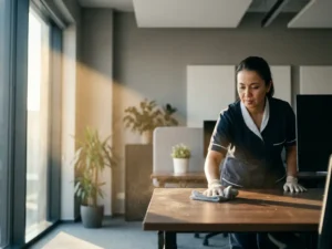 Schoonmaakspecialist veegt stofdeeltjes van een kantoorbureau met een microvezeldoek in warm zonlicht.