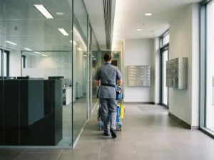 Professionele schoonmaker in uniform duwt mopkar van kantoorruimte naar gedeelde hal met brievenbussen en tegelvloer.
