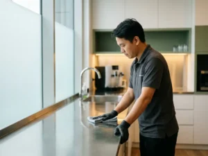 Professionele schoonmaker die een roestvrijstalen aanrecht poetst in een moderne kantinekeuken, met glanzende gootsteen en nette apparaten op de achtergrond.