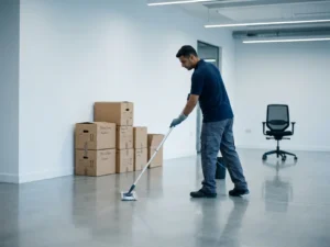 Professionele schoonmaker die een leeg kantoor dopt, met verhuisdozen tegen een witte muur en een verlaten bureaustoel op de achtergrond.