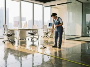 Schoonmaker in uniform dweilt glanzende kantoorvloer, meetlint op tegels, moderne werkplekken en grote ramen op achtergrond.