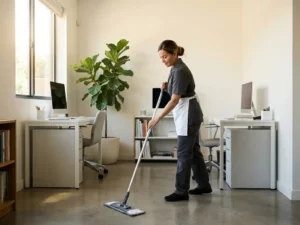 Professionele schoonmaker in uniform die een kantoorvloer dweilt, met bureaus en een kamerplant op de achtergrond.