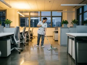 Schoonmaker in uniform die na werktijd een glanzende open kantoorvloer dweilt, omringd door ergonomische bureaus en lege stoelen.