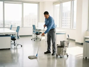 Professionele schoonmaker in uniform die een glanzende open kantoorvloer dweilt bij een emmer, helder daglicht door grote ramen.