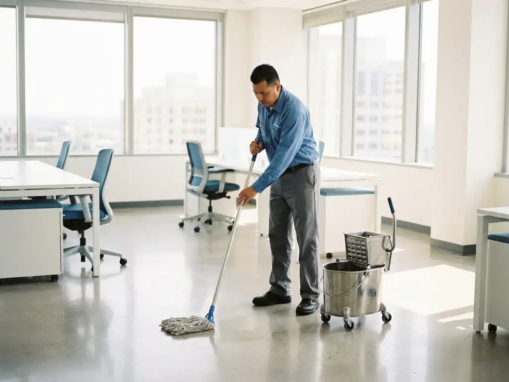 Professionele schoonmaker in uniform die een glanzende open kantoorvloer dweilt bij een emmer, helder daglicht door grote ramen.