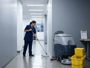 Professionele schoonmaker dweilt glanzende kantoorgang naast industriële reinigingsapparatuur en een facilitair klembord.