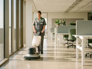 Professionele schoonmaker polijst glanzende kantoorvloer met industriële machine in modern Nederlands kantoor met groot raam.