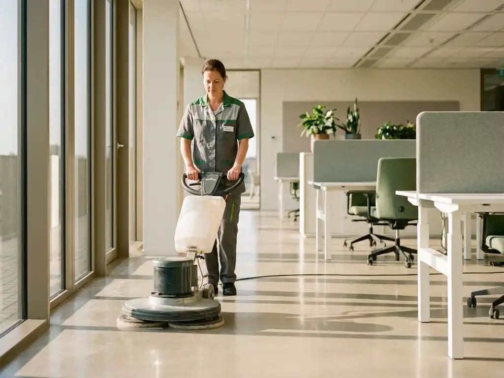 Professionele schoonmaker polijst glanzende kantoorvloer met industriële machine in modern Nederlands kantoor met groot raam.