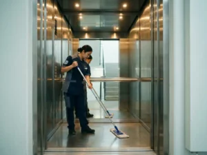 Professionele schoonmaker in uniform die liftvloer dweilt, met glanzende roestvrijstalen wanden en gepolijste chromen knoppen.