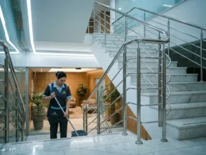Professionele schoonmaker in uniform die een marmeren trap dweilt in een modern kantoorgebouw met gepolijste chromen leuningen.