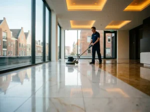Schoonmaaktechnicus in uniform polijst glanzende marmeren vloer in modern kantoorgebouw in Nijmegen, daglicht weerspiegelt op het oppervlak.