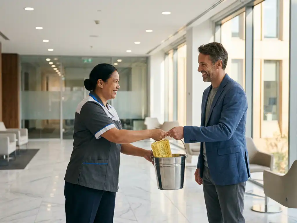 Professionele schoonmaker overhandigt mop en emmer aan facilitair manager in moderne kantoorlobby met marmeren vloer.
