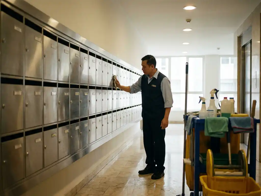Professionele schoonmaker poetst glanzende zilveren brievenbussen in een lichte appartementenhal met gemarmerde vloer.