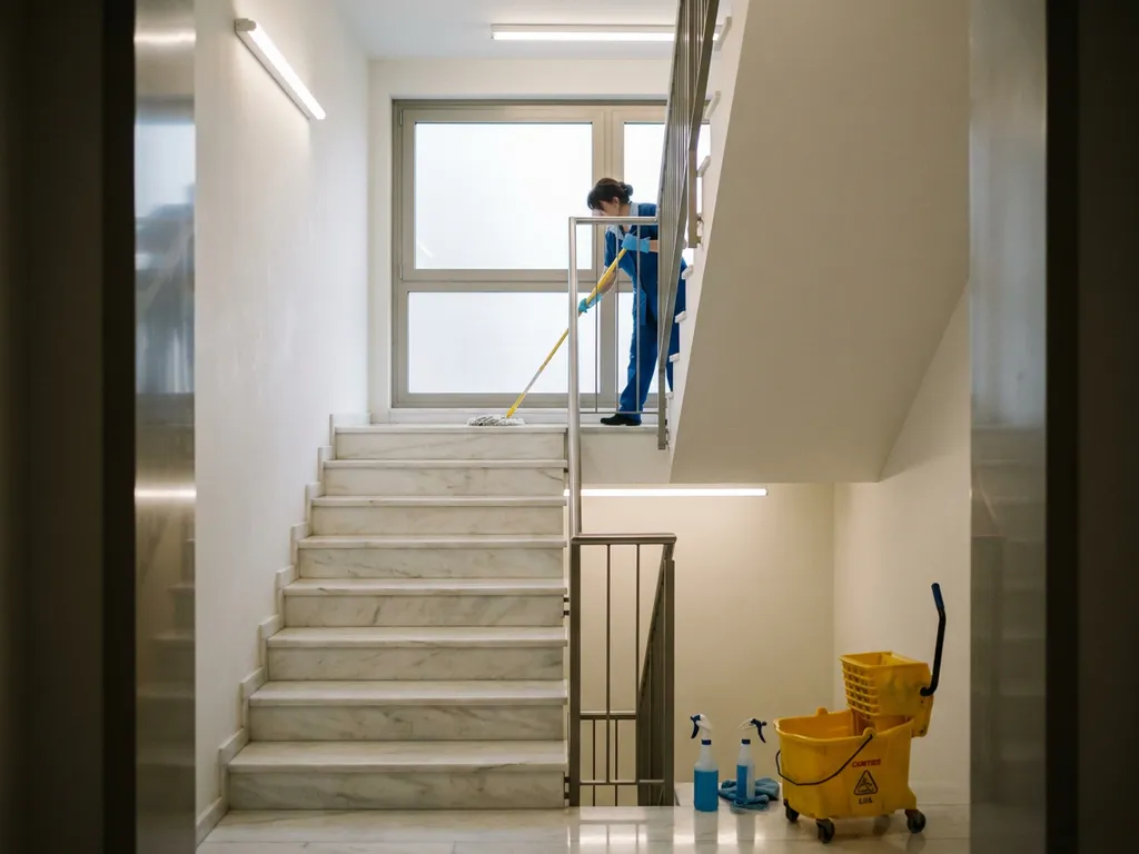 Schoonmaker dweilt marmeren trappenhuis van appartementengebouw, gele mopemmer zichtbaar, natuurlijk licht via overloop.