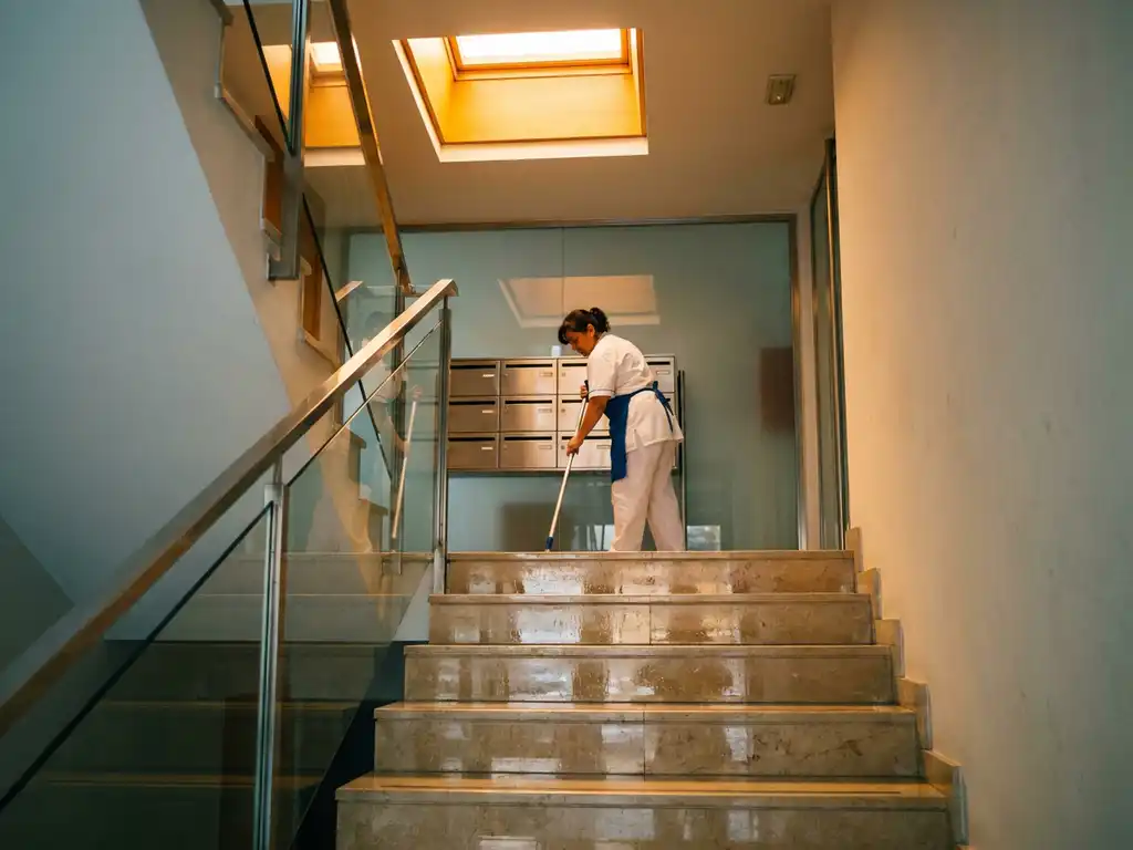 Professionele schoonmaker dweilt een strakke trappenhaal van een appartementencomplex, met glanzende tegels en metalen brievenbussen op de achtergrond.