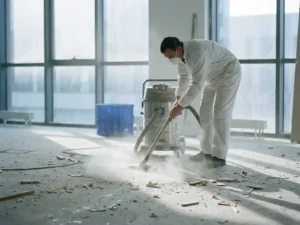Professionele schoonmaker in wit uniform met industriële stofzuiger op bouwstof-bedekte kantoorvloer, grote ramen op de achtergrond.