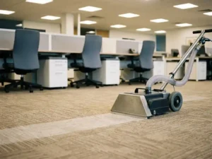 Professionele tapijtreiniging machine op beige kantegttapijt met schone strook, kantoorbureau's zichtbaar op de achtergrond.