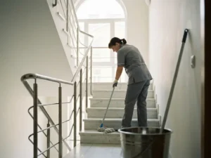 Professionele schoonmaker dweilt marmeren trappenhuis van appartement met gepoetste leuningen en natuurlijk lichtinval.