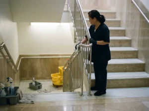 Schoonmaker die marmeren trapleuning boent met witte microvezeldoek, gepolijste treden reflecteren zacht licht, schoonmaakspullen op overloop.