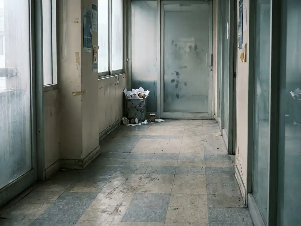Verwaarloosd kantoorgangpad met vuile tegelvloer, overloopende prullenbak en besmeerde glazen deur in gedempte grijstinten.
