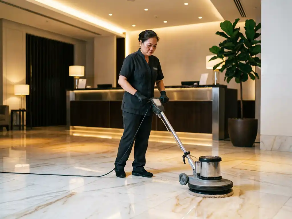 Professionele schoonmaker polijst marmeren receptievloer met commerciële buffeermachine in verlichte hotellobby.