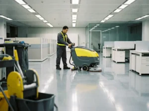 Schoonmaaktechnicus met roterende vloerschrobmachine op glanzende lichtgrijze tegels in een modern open kantoor.